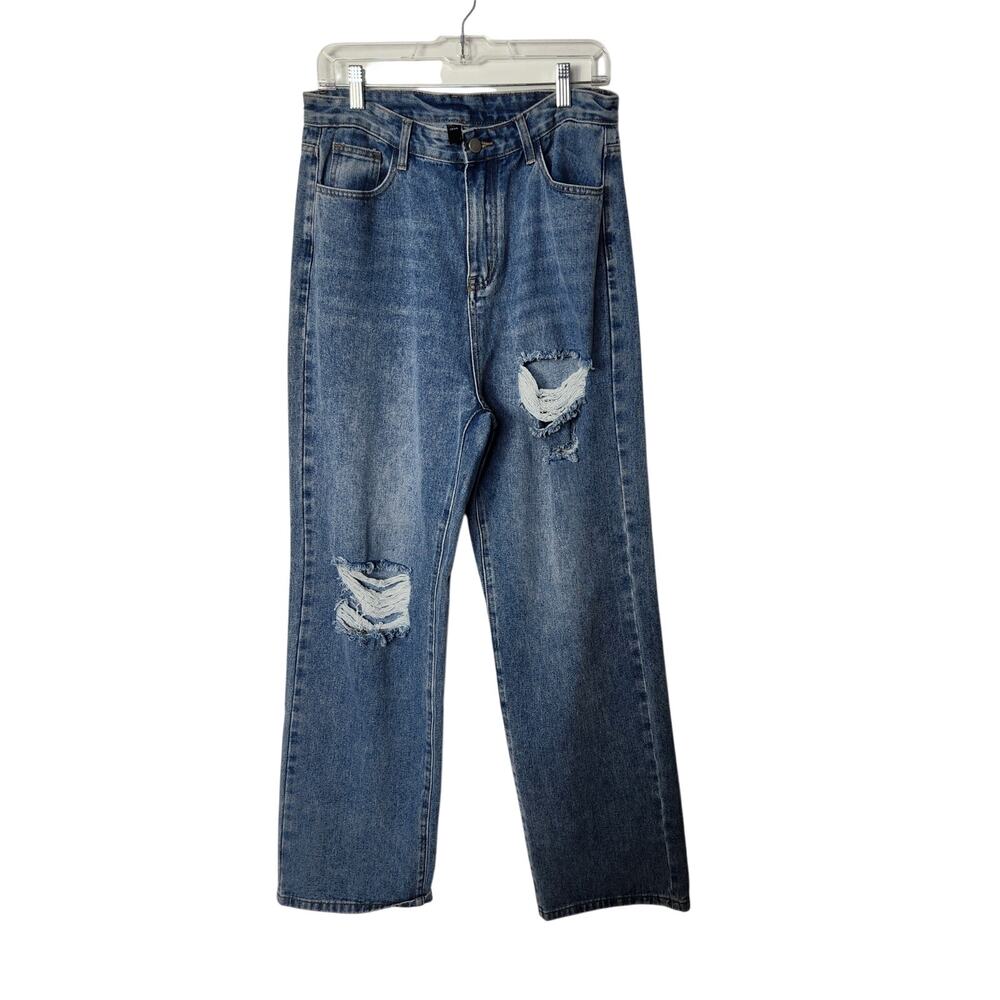 Cider Blue Medium Wash Denim Wide Leg Distressed High Rise Ripped Jeans Large